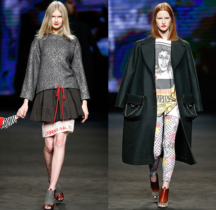 Brain&Beast 2015-2016 Fall Autumn Winter Womens Runway Catwalk Looks - 080 Barcelona Fashion Catalonia Catalan Spain - Décalogue Part IX Maniac Destrudo Destrado Fringes Raw Hem Lace Up Turtleneck Stripes Ruffles Coat Concave Curved Hem Sweater Jumper Knit Scarf Skirt Frock Miniskirt Blouse Midi Skirt Tote Bag Shirtdress Brocade Jacquard Outerwear Leggings Pop Art Train Tankdress Asymmetrical Sleeve