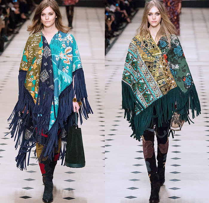 Burberry Prorsum 2015-2016 Fall Autumn Winter Womens Runway Catwalk Looks - London Fashion Week - British Fashion Council UK United Kingdom - Cape Cloak Hanging Sleeve Patchwork Trench Coat Flowers Florals Fauna Leaves Foliage Botanical Graphic Pattern Motif Suede Jacquard Ornamental Print Hippie Sheer Chiffon Lace Maxi Dress Gown Skirt Frock Coatdress Scarf Handbag Tote Shearling Cheetah Leopard