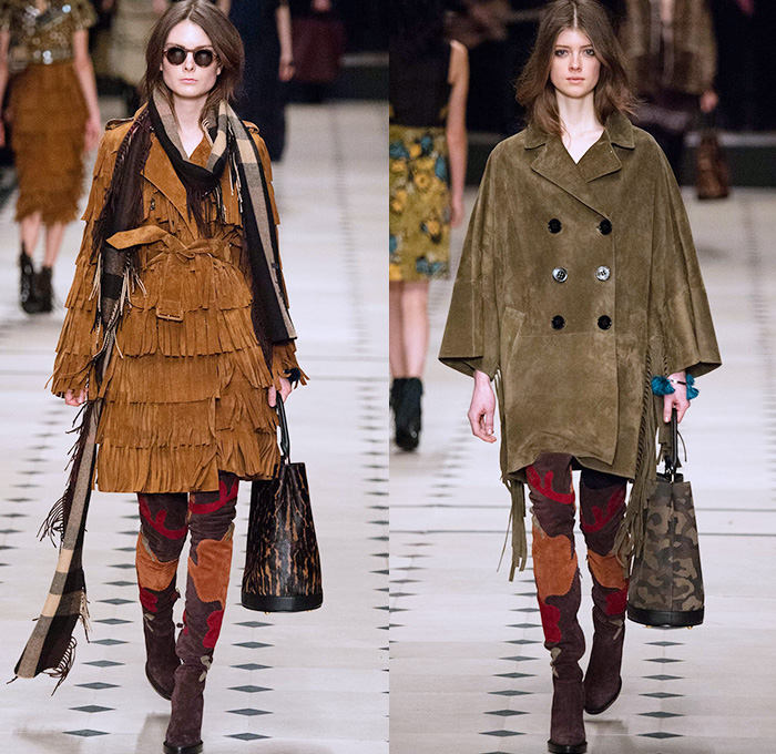 Burberry Prorsum 2015-2016 Fall Autumn Winter Womens Runway Catwalk Looks - London Fashion Week - British Fashion Council UK United Kingdom - Cape Cloak Hanging Sleeve Patchwork Trench Coat Flowers Florals Fauna Leaves Foliage Botanical Graphic Pattern Motif Suede Jacquard Ornamental Print Hippie Sheer Chiffon Lace Maxi Dress Gown Skirt Frock Coatdress Scarf Handbag Tote Shearling Cheetah Leopard