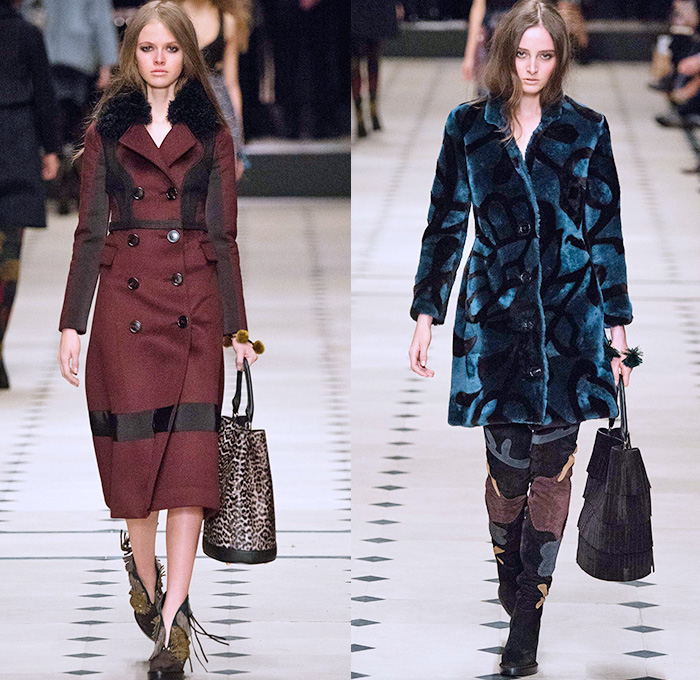 Burberry Prorsum 2015-2016 Fall Autumn Winter Womens Runway Catwalk Looks - London Fashion Week - British Fashion Council UK United Kingdom - Cape Cloak Hanging Sleeve Patchwork Trench Coat Flowers Florals Fauna Leaves Foliage Botanical Graphic Pattern Motif Suede Jacquard Ornamental Print Hippie Sheer Chiffon Lace Maxi Dress Gown Skirt Frock Coatdress Scarf Handbag Tote Shearling Cheetah Leopard