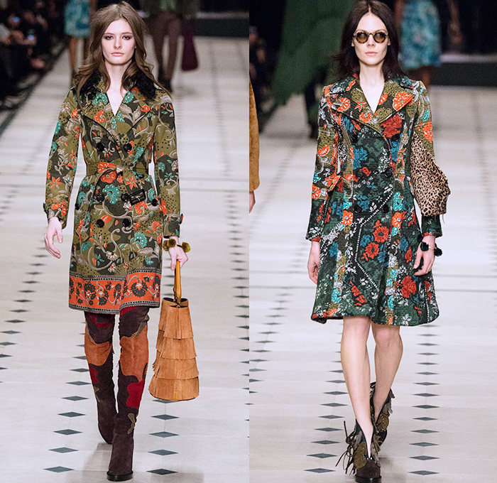 Burberry Prorsum 2015-2016 Fall Autumn Winter Womens Runway Catwalk Looks - London Fashion Week - British Fashion Council UK United Kingdom - Cape Cloak Hanging Sleeve Patchwork Trench Coat Flowers Florals Fauna Leaves Foliage Botanical Graphic Pattern Motif Suede Jacquard Ornamental Print Hippie Sheer Chiffon Lace Maxi Dress Gown Skirt Frock Coatdress Scarf Handbag Tote Shearling Cheetah Leopard