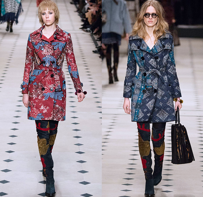 Burberry Prorsum 2015-2016 Fall Autumn Winter Womens Runway Catwalk Looks - London Fashion Week - British Fashion Council UK United Kingdom - Cape Cloak Hanging Sleeve Patchwork Trench Coat Flowers Florals Fauna Leaves Foliage Botanical Graphic Pattern Motif Suede Jacquard Ornamental Print Hippie Sheer Chiffon Lace Maxi Dress Gown Skirt Frock Coatdress Scarf Handbag Tote Shearling Cheetah Leopard