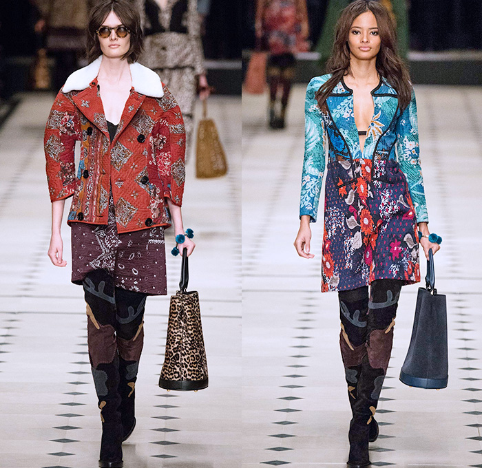 Burberry Prorsum 2015-2016 Fall Autumn Winter Womens Runway Catwalk Looks - London Fashion Week - British Fashion Council UK United Kingdom - Cape Cloak Hanging Sleeve Patchwork Trench Coat Flowers Florals Fauna Leaves Foliage Botanical Graphic Pattern Motif Suede Jacquard Ornamental Print Hippie Sheer Chiffon Lace Maxi Dress Gown Skirt Frock Coatdress Scarf Handbag Tote Shearling Cheetah Leopard