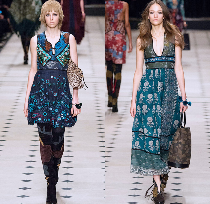 Burberry Prorsum 2015-2016 Fall Autumn Winter Womens Runway Catwalk Looks - London Fashion Week - British Fashion Council UK United Kingdom - Cape Cloak Hanging Sleeve Patchwork Trench Coat Flowers Florals Fauna Leaves Foliage Botanical Graphic Pattern Motif Suede Jacquard Ornamental Print Hippie Sheer Chiffon Lace Maxi Dress Gown Skirt Frock Coatdress Scarf Handbag Tote Shearling Cheetah Leopard