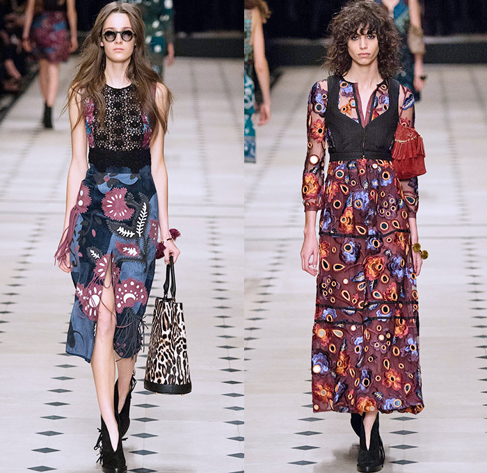 Burberry Prorsum 2015-2016 Fall Autumn Winter Womens Runway Catwalk Looks - London Fashion Week - British Fashion Council UK United Kingdom - Cape Cloak Hanging Sleeve Patchwork Trench Coat Flowers Florals Fauna Leaves Foliage Botanical Graphic Pattern Motif Suede Jacquard Ornamental Print Hippie Sheer Chiffon Lace Maxi Dress Gown Skirt Frock Coatdress Scarf Handbag Tote Shearling Cheetah Leopard