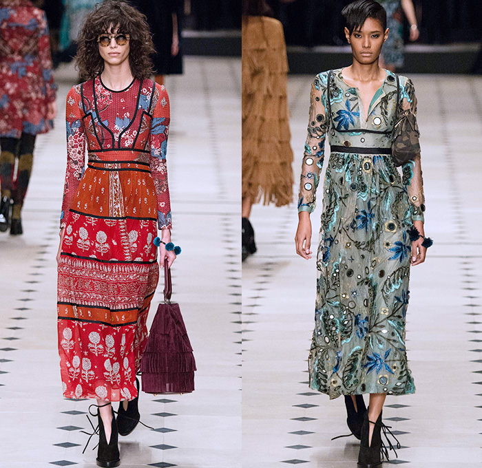 Burberry Prorsum 2015-2016 Fall Autumn Winter Womens Runway Catwalk Looks - London Fashion Week - British Fashion Council UK United Kingdom - Cape Cloak Hanging Sleeve Patchwork Trench Coat Flowers Florals Fauna Leaves Foliage Botanical Graphic Pattern Motif Suede Jacquard Ornamental Print Hippie Sheer Chiffon Lace Maxi Dress Gown Skirt Frock Coatdress Scarf Handbag Tote Shearling Cheetah Leopard