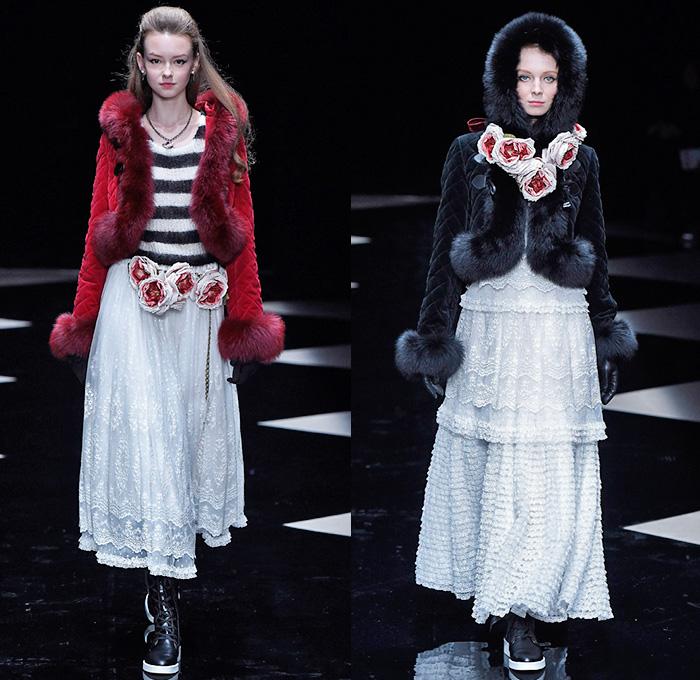 byU Designer Hiroki Uemura 2015-2016 Fall Autumn Winter Womens Runway Catwalk Looks - Mercedes-Benz Fashion Week Tokyo Japan - White Lace Ruffles Tiered Flowers Florals Roses Pussycat Bow Ribbon Outerwear Coat Jacket Skirt Frock Stripes Knit Sweater Jumper Furry Hoodie Embroidery Hat Stockings Tights Sneakers Boots Blouse Shawl Scarf Houndstooth Check Quilted Parka Poncho Marching Band Plaid Tweed