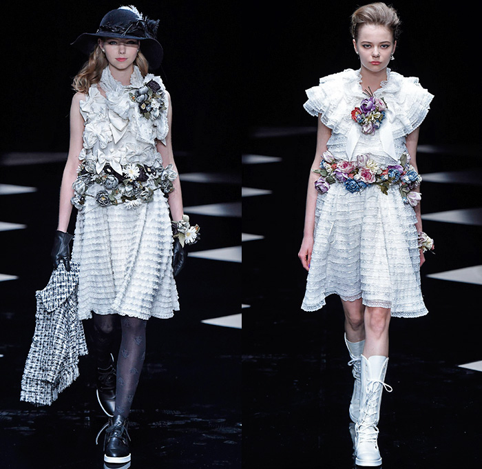 byU Designer Hiroki Uemura 2015-2016 Fall Autumn Winter Womens Runway Catwalk Looks - Mercedes-Benz Fashion Week Tokyo Japan - White Lace Ruffles Tiered Flowers Florals Roses Pussycat Bow Ribbon Outerwear Coat Jacket Skirt Frock Stripes Knit Sweater Jumper Furry Hoodie Embroidery Hat Stockings Tights Sneakers Boots Blouse Shawl Scarf Houndstooth Check Quilted Parka Poncho Marching Band Plaid Tweed