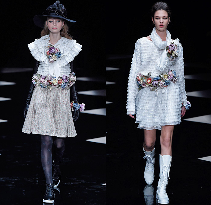 byU Designer Hiroki Uemura 2015-2016 Fall Autumn Winter Womens Runway Catwalk Looks - Mercedes-Benz Fashion Week Tokyo Japan - White Lace Ruffles Tiered Flowers Florals Roses Pussycat Bow Ribbon Outerwear Coat Jacket Skirt Frock Stripes Knit Sweater Jumper Furry Hoodie Embroidery Hat Stockings Tights Sneakers Boots Blouse Shawl Scarf Houndstooth Check Quilted Parka Poncho Marching Band Plaid Tweed