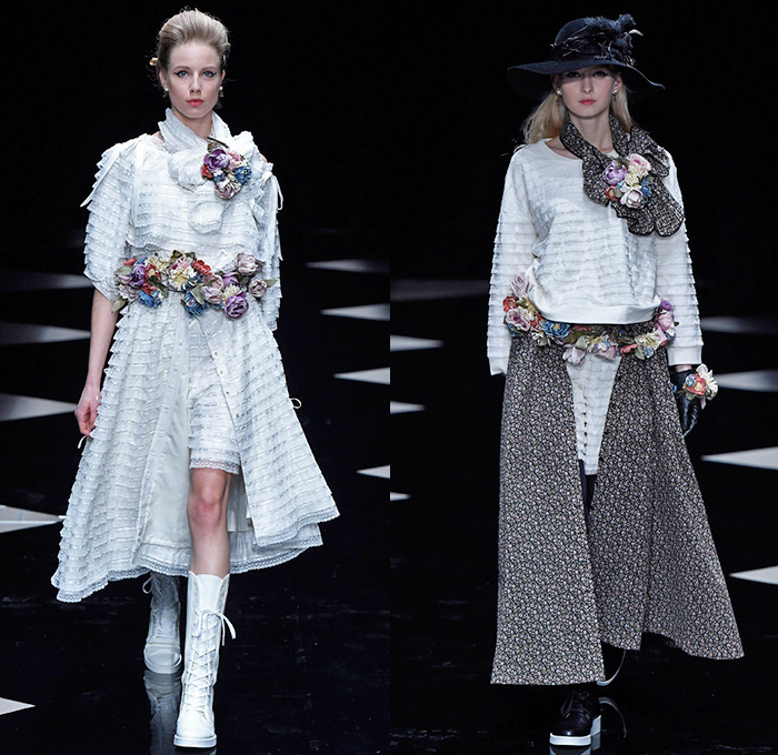 byU Designer Hiroki Uemura 2015-2016 Fall Autumn Winter Womens Runway Catwalk Looks - Mercedes-Benz Fashion Week Tokyo Japan - White Lace Ruffles Tiered Flowers Florals Roses Pussycat Bow Ribbon Outerwear Coat Jacket Skirt Frock Stripes Knit Sweater Jumper Furry Hoodie Embroidery Hat Stockings Tights Sneakers Boots Blouse Shawl Scarf Houndstooth Check Quilted Parka Poncho Marching Band Plaid Tweed