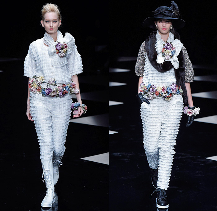 byU Designer Hiroki Uemura 2015-2016 Fall Autumn Winter Womens Runway Catwalk Looks - Mercedes-Benz Fashion Week Tokyo Japan - White Lace Ruffles Tiered Flowers Florals Roses Pussycat Bow Ribbon Outerwear Coat Jacket Skirt Frock Stripes Knit Sweater Jumper Furry Hoodie Embroidery Hat Stockings Tights Sneakers Boots Blouse Shawl Scarf Houndstooth Check Quilted Parka Poncho Marching Band Plaid Tweed