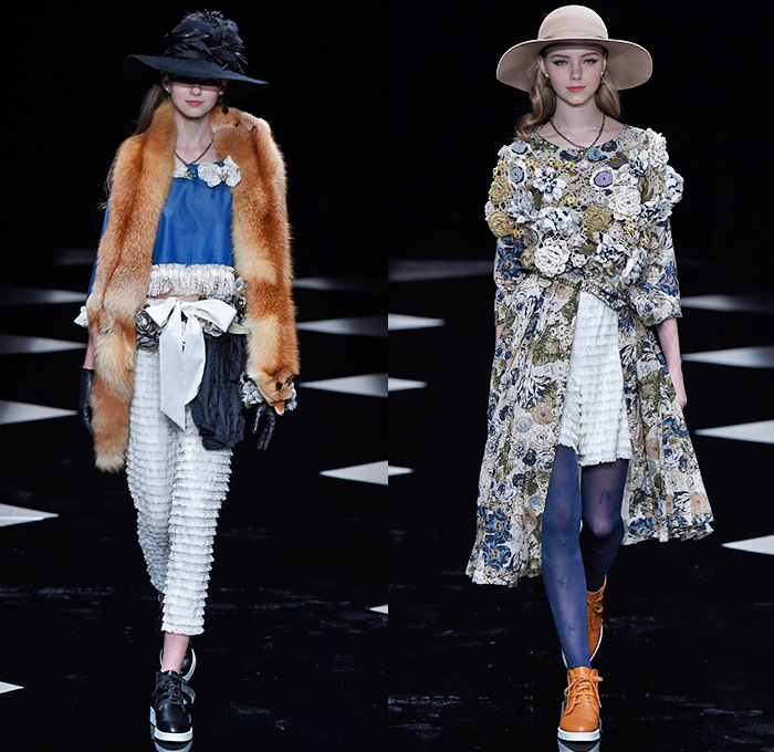 byU Designer Hiroki Uemura 2015-2016 Fall Autumn Winter Womens Runway Catwalk Looks - Mercedes-Benz Fashion Week Tokyo Japan - White Lace Ruffles Tiered Flowers Florals Roses Pussycat Bow Ribbon Outerwear Coat Jacket Skirt Frock Stripes Knit Sweater Jumper Furry Hoodie Embroidery Hat Stockings Tights Sneakers Boots Blouse Shawl Scarf Houndstooth Check Quilted Parka Poncho Marching Band Plaid Tweed