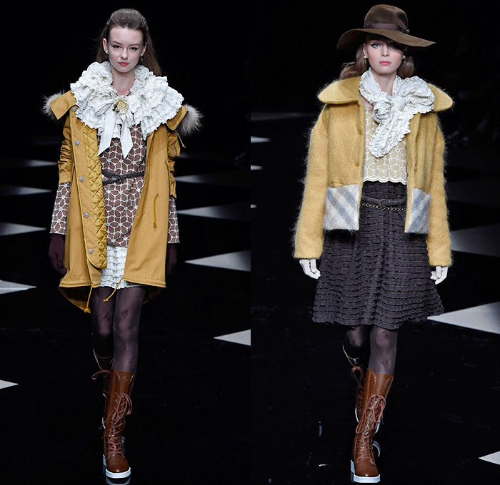 byU Designer Hiroki Uemura 2015-2016 Fall Autumn Winter Womens Runway Catwalk Looks - Mercedes-Benz Fashion Week Tokyo Japan - White Lace Ruffles Tiered Flowers Florals Roses Pussycat Bow Ribbon Outerwear Coat Jacket Skirt Frock Stripes Knit Sweater Jumper Furry Hoodie Embroidery Hat Stockings Tights Sneakers Boots Blouse Shawl Scarf Houndstooth Check Quilted Parka Poncho Marching Band Plaid Tweed