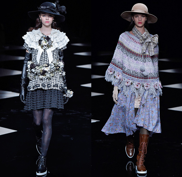 byU Designer Hiroki Uemura 2015-2016 Fall Autumn Winter Womens Runway Catwalk Looks - Mercedes-Benz Fashion Week Tokyo Japan - White Lace Ruffles Tiered Flowers Florals Roses Pussycat Bow Ribbon Outerwear Coat Jacket Skirt Frock Stripes Knit Sweater Jumper Furry Hoodie Embroidery Hat Stockings Tights Sneakers Boots Blouse Shawl Scarf Houndstooth Check Quilted Parka Poncho Marching Band Plaid Tweed