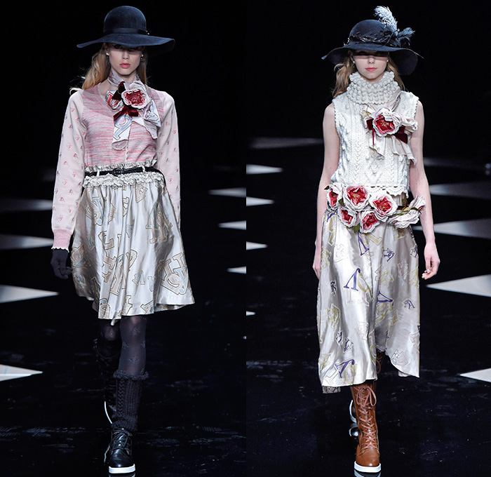 byU Designer Hiroki Uemura 2015-2016 Fall Autumn Winter Womens Runway Catwalk Looks - Mercedes-Benz Fashion Week Tokyo Japan - White Lace Ruffles Tiered Flowers Florals Roses Pussycat Bow Ribbon Outerwear Coat Jacket Skirt Frock Stripes Knit Sweater Jumper Furry Hoodie Embroidery Hat Stockings Tights Sneakers Boots Blouse Shawl Scarf Houndstooth Check Quilted Parka Poncho Marching Band Plaid Tweed