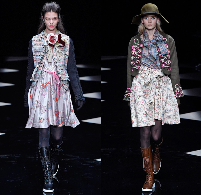 byU Designer Hiroki Uemura 2015-2016 Fall Autumn Winter Womens Runway Catwalk Looks - Mercedes-Benz Fashion Week Tokyo Japan - White Lace Ruffles Tiered Flowers Florals Roses Pussycat Bow Ribbon Outerwear Coat Jacket Skirt Frock Stripes Knit Sweater Jumper Furry Hoodie Embroidery Hat Stockings Tights Sneakers Boots Blouse Shawl Scarf Houndstooth Check Quilted Parka Poncho Marching Band Plaid Tweed