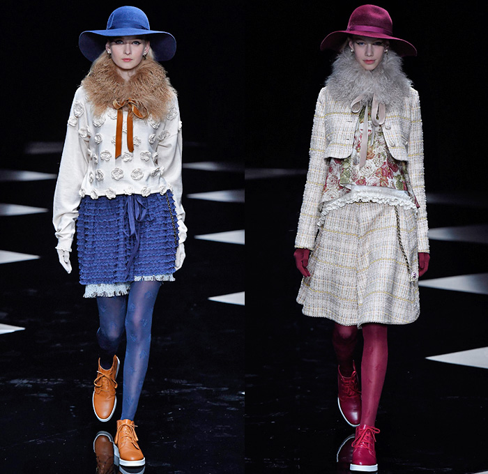 byU Designer Hiroki Uemura 2015-2016 Fall Autumn Winter Womens Runway Catwalk Looks - Mercedes-Benz Fashion Week Tokyo Japan - White Lace Ruffles Tiered Flowers Florals Roses Pussycat Bow Ribbon Outerwear Coat Jacket Skirt Frock Stripes Knit Sweater Jumper Furry Hoodie Embroidery Hat Stockings Tights Sneakers Boots Blouse Shawl Scarf Houndstooth Check Quilted Parka Poncho Marching Band Plaid Tweed