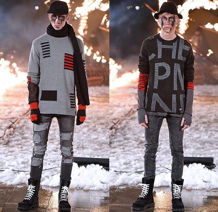 Cheap Monday 2015-2016 Fall Autumn Winter Mens Runway Catwalk Looks - Fashion Week Stockholm Sweden - Destroyed Frayed Denim Jeans Checks Moto Motorcycle Biker Rider Leather Parka Stripes Lace Up Baseball Knit Bomber Jacket Sneakers Raw Hem Scarf Sweater Jumper Gloves Boots Jogger Sweatpants Hat