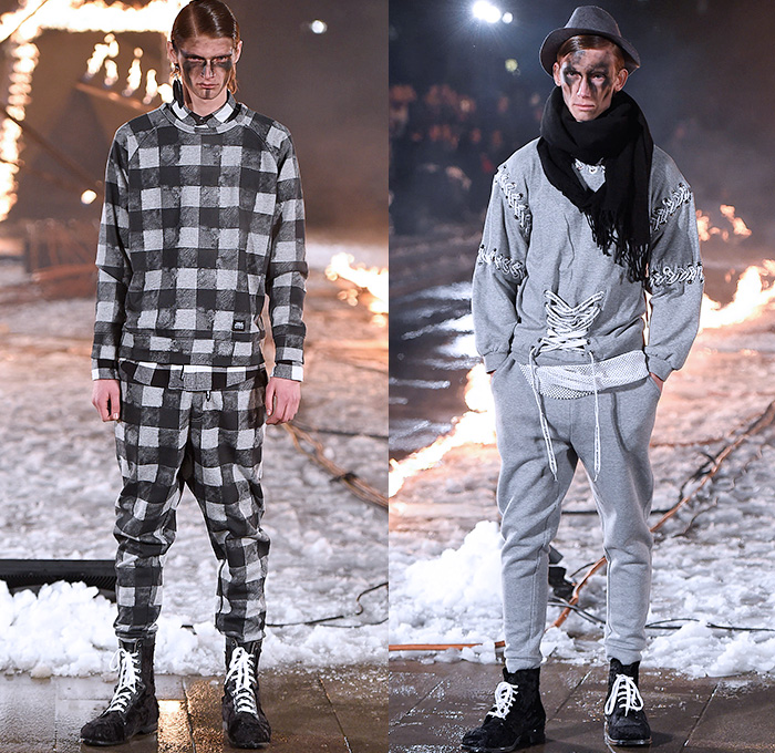 Cheap Monday 2015-2016 Fall Autumn Winter Mens Runway Catwalk Looks - Fashion Week Stockholm Sweden - Destroyed Frayed Denim Jeans Checks Moto Motorcycle Biker Rider Leather Parka Stripes Lace Up Baseball Knit Bomber Jacket Sneakers Raw Hem Scarf Sweater Jumper Gloves Boots Jogger Sweatpants Hat