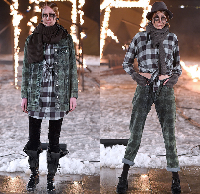 Cheap Monday 2015-2016 Fall Autumn Winter Womens Runway Catwalk Looks - Fashion Week Stockholm Sweden - Denim Jeans Destroyed Checks Moto Motorcycle Biker Rider Leather Parka Skinny Lace Up Knit Sweater Jumper Stripes Scarf Shawl Boots Blouse Gloves Skirt Miniskirt Frock Leggings Onesie Jumpsuit Salopette Coveralls Bib Brace Cropped Pants