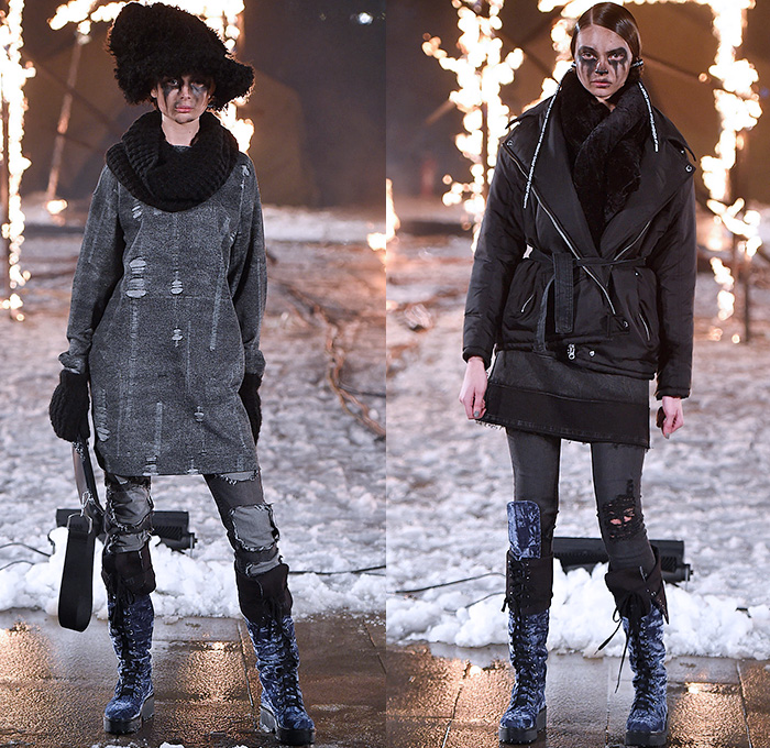 Cheap Monday 2015-2016 Fall Autumn Winter Womens Runway Catwalk Looks - Fashion Week Stockholm Sweden - Denim Jeans Destroyed Checks Moto Motorcycle Biker Rider Leather Parka Skinny Lace Up Knit Sweater Jumper Stripes Scarf Shawl Boots Blouse Gloves Skirt Miniskirt Frock Leggings Onesie Jumpsuit Salopette Coveralls Bib Brace Cropped Pants