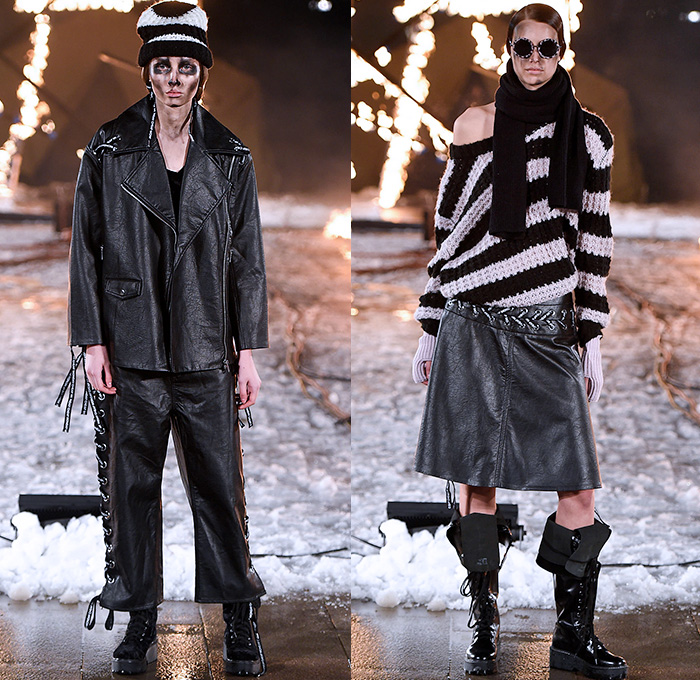 Cheap Monday 2015-2016 Fall Autumn Winter Womens Runway Catwalk Looks - Fashion Week Stockholm Sweden - Denim Jeans Destroyed Checks Moto Motorcycle Biker Rider Leather Parka Skinny Lace Up Knit Sweater Jumper Stripes Scarf Shawl Boots Blouse Gloves Skirt Miniskirt Frock Leggings Onesie Jumpsuit Salopette Coveralls Bib Brace Cropped Pants