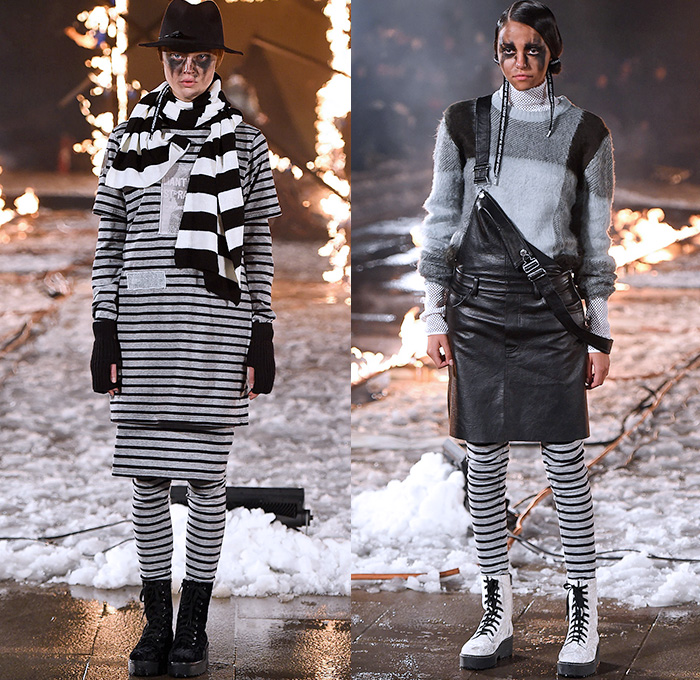 Cheap Monday 2015-2016 Fall Autumn Winter Womens Runway Catwalk Looks - Fashion Week Stockholm Sweden - Denim Jeans Destroyed Checks Moto Motorcycle Biker Rider Leather Parka Skinny Lace Up Knit Sweater Jumper Stripes Scarf Shawl Boots Blouse Gloves Skirt Miniskirt Frock Leggings Onesie Jumpsuit Salopette Coveralls Bib Brace Cropped Pants