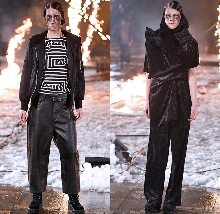 Cheap Monday 2015-2016 Fall Autumn Winter Womens Runway Catwalk Looks - Fashion Week Stockholm Sweden - Denim Jeans Destroyed Checks Moto Motorcycle Biker Rider Leather Parka Skinny Lace Up Knit Sweater Jumper Stripes Scarf Shawl Boots Blouse Gloves Skirt Miniskirt Frock Leggings Onesie Jumpsuit Salopette Coveralls Bib Brace Cropped Pants