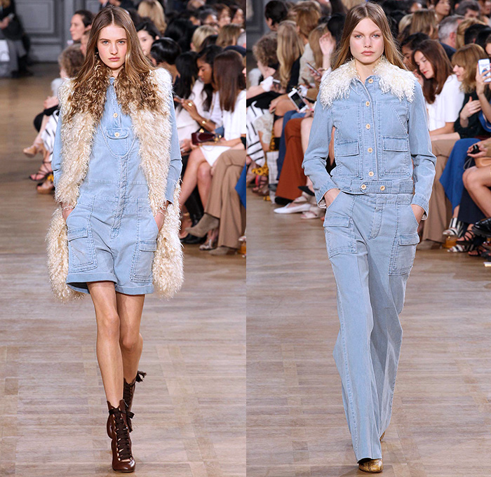 Chloé 2015-2016 Fall Autumn Winter Womens Runway Catwalk Looks - Mode à Paris Fashion Week Mode Féminin France - 1970s Seventies Denim Jeans Oversized Furry Outerwear Coat Plaid Shearling Poncho Velvet Onesie Romper Jumpsuit Coveralls Jacket Boots Wide Leg Palazzo Pants Scarf Maxi Dress Knit Weave Fringes Patchwork Pantsuit Blazer Shorts Vest Waistcoat Blouse Ruffles Silk Sheer Chiffon Leaves Foliage Snake