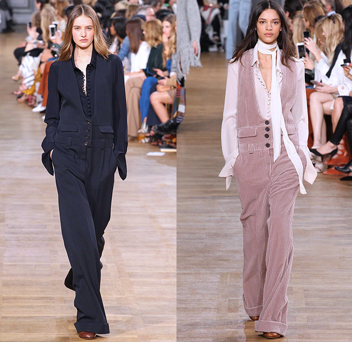 Chloé 2015-2016 Fall Autumn Winter Womens Runway Catwalk Looks - Mode à Paris Fashion Week Mode Féminin France - 1970s Seventies Denim Jeans Oversized Furry Outerwear Coat Plaid Shearling Poncho Velvet Onesie Romper Jumpsuit Coveralls Jacket Boots Wide Leg Palazzo Pants Scarf Maxi Dress Knit Weave Fringes Patchwork Pantsuit Blazer Shorts Vest Waistcoat Blouse Ruffles Silk Sheer Chiffon Leaves Foliage Snake