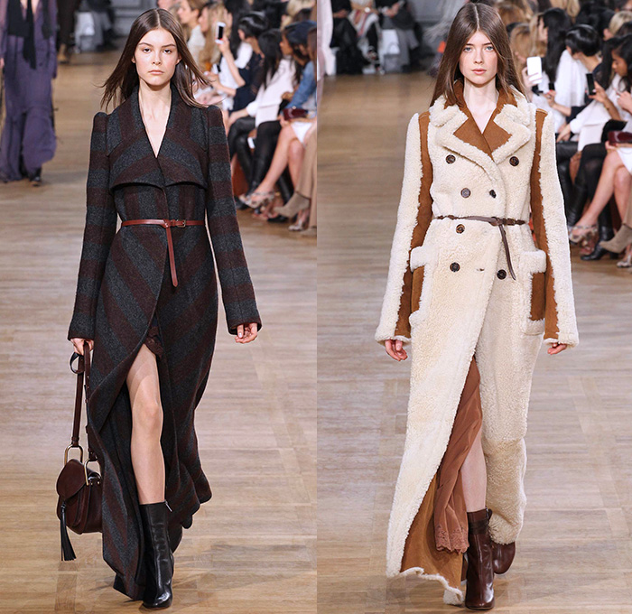 Chloé 2015-2016 Fall Autumn Winter Womens Runway Catwalk Looks - Mode à Paris Fashion Week Mode Féminin France - 1970s Seventies Denim Jeans Oversized Furry Outerwear Coat Plaid Shearling Poncho Velvet Onesie Romper Jumpsuit Coveralls Jacket Boots Wide Leg Palazzo Pants Scarf Maxi Dress Knit Weave Fringes Patchwork Pantsuit Blazer Shorts Vest Waistcoat Blouse Ruffles Silk Sheer Chiffon Leaves Foliage Snake