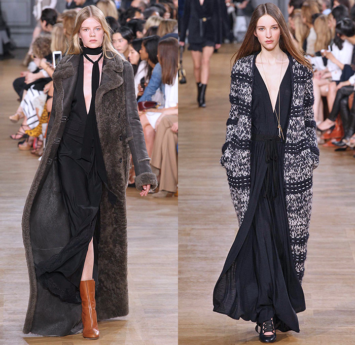 Chloé 2015-2016 Fall Autumn Winter Womens Runway Catwalk Looks - Mode à Paris Fashion Week Mode Féminin France - 1970s Seventies Denim Jeans Oversized Furry Outerwear Coat Plaid Shearling Poncho Velvet Onesie Romper Jumpsuit Coveralls Jacket Boots Wide Leg Palazzo Pants Scarf Maxi Dress Knit Weave Fringes Patchwork Pantsuit Blazer Shorts Vest Waistcoat Blouse Ruffles Silk Sheer Chiffon Leaves Foliage Snake