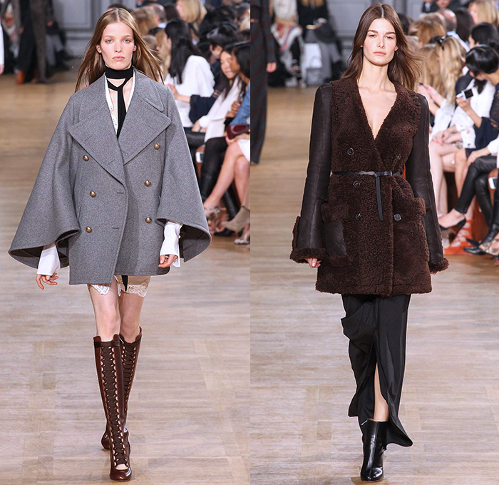 Chloé 2015-2016 Fall Autumn Winter Womens Runway Catwalk Looks - Mode à Paris Fashion Week Mode Féminin France - 1970s Seventies Denim Jeans Oversized Furry Outerwear Coat Plaid Shearling Poncho Velvet Onesie Romper Jumpsuit Coveralls Jacket Boots Wide Leg Palazzo Pants Scarf Maxi Dress Knit Weave Fringes Patchwork Pantsuit Blazer Shorts Vest Waistcoat Blouse Ruffles Silk Sheer Chiffon Leaves Foliage Snake