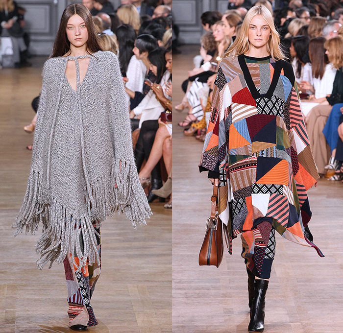 Chloé 2015-2016 Fall Autumn Winter Womens Runway Catwalk Looks - Mode à Paris Fashion Week Mode Féminin France - 1970s Seventies Denim Jeans Oversized Furry Outerwear Coat Plaid Shearling Poncho Velvet Onesie Romper Jumpsuit Coveralls Jacket Boots Wide Leg Palazzo Pants Scarf Maxi Dress Knit Weave Fringes Patchwork Pantsuit Blazer Shorts Vest Waistcoat Blouse Ruffles Silk Sheer Chiffon Leaves Foliage Snake