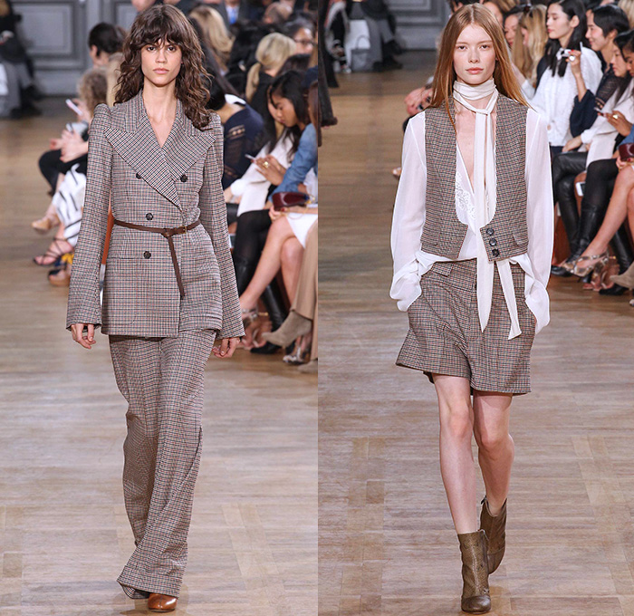 Chloé 2015-2016 Fall Autumn Winter Womens Runway Catwalk Looks - Mode à Paris Fashion Week Mode Féminin France - 1970s Seventies Denim Jeans Oversized Furry Outerwear Coat Plaid Shearling Poncho Velvet Onesie Romper Jumpsuit Coveralls Jacket Boots Wide Leg Palazzo Pants Scarf Maxi Dress Knit Weave Fringes Patchwork Pantsuit Blazer Shorts Vest Waistcoat Blouse Ruffles Silk Sheer Chiffon Leaves Foliage Snake