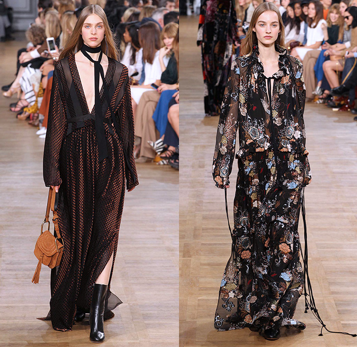 Chloé 2015-2016 Fall Autumn Winter Womens Runway Catwalk Looks - Mode à Paris Fashion Week Mode Féminin France - 1970s Seventies Denim Jeans Oversized Furry Outerwear Coat Plaid Shearling Poncho Velvet Onesie Romper Jumpsuit Coveralls Jacket Boots Wide Leg Palazzo Pants Scarf Maxi Dress Knit Weave Fringes Patchwork Pantsuit Blazer Shorts Vest Waistcoat Blouse Ruffles Silk Sheer Chiffon Leaves Foliage Snake