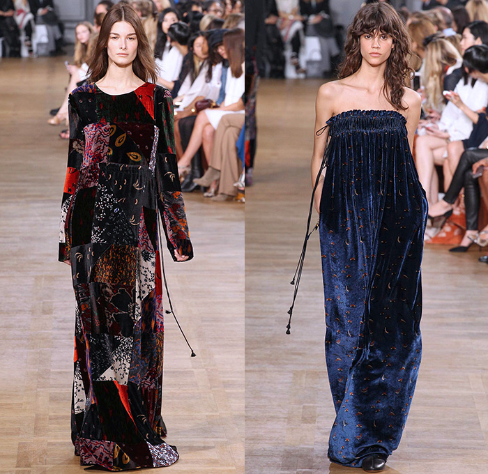 Chloé 2015-2016 Fall Autumn Winter Womens Runway Catwalk Looks - Mode à Paris Fashion Week Mode Féminin France - 1970s Seventies Denim Jeans Oversized Furry Outerwear Coat Plaid Shearling Poncho Velvet Onesie Romper Jumpsuit Coveralls Jacket Boots Wide Leg Palazzo Pants Scarf Maxi Dress Knit Weave Fringes Patchwork Pantsuit Blazer Shorts Vest Waistcoat Blouse Ruffles Silk Sheer Chiffon Leaves Foliage Snake