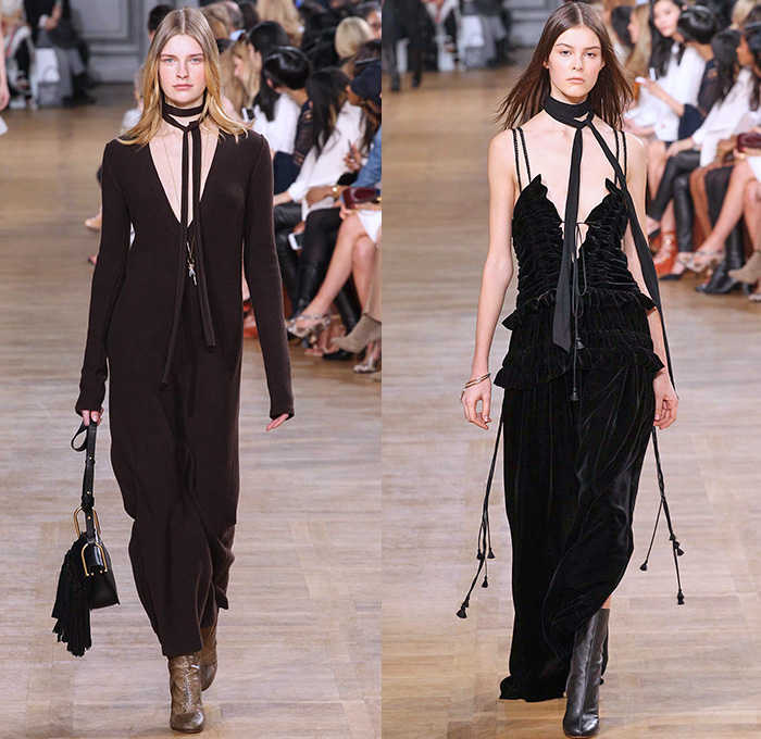 Chloé 2015-2016 Fall Autumn Winter Womens Runway Catwalk Looks - Mode à Paris Fashion Week Mode Féminin France - 1970s Seventies Denim Jeans Oversized Furry Outerwear Coat Plaid Shearling Poncho Velvet Onesie Romper Jumpsuit Coveralls Jacket Boots Wide Leg Palazzo Pants Scarf Maxi Dress Knit Weave Fringes Patchwork Pantsuit Blazer Shorts Vest Waistcoat Blouse Ruffles Silk Sheer Chiffon Leaves Foliage Snake