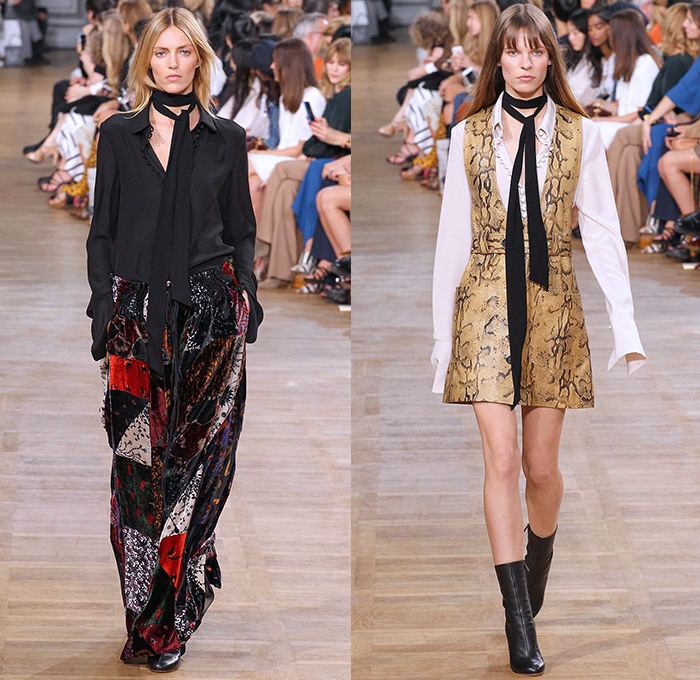 Chloé 2015-2016 Fall Autumn Winter Womens Runway Catwalk Looks - Mode à Paris Fashion Week Mode Féminin France - 1970s Seventies Denim Jeans Oversized Furry Outerwear Coat Plaid Shearling Poncho Velvet Onesie Romper Jumpsuit Coveralls Jacket Boots Wide Leg Palazzo Pants Scarf Maxi Dress Knit Weave Fringes Patchwork Pantsuit Blazer Shorts Vest Waistcoat Blouse Ruffles Silk Sheer Chiffon Leaves Foliage Snake