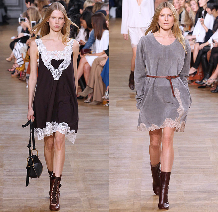 Chloé 2015-2016 Fall Autumn Winter Womens Runway Catwalk Looks - Mode à Paris Fashion Week Mode Féminin France - 1970s Seventies Denim Jeans Oversized Furry Outerwear Coat Plaid Shearling Poncho Velvet Onesie Romper Jumpsuit Coveralls Jacket Boots Wide Leg Palazzo Pants Scarf Maxi Dress Knit Weave Fringes Patchwork Pantsuit Blazer Shorts Vest Waistcoat Blouse Ruffles Silk Sheer Chiffon Leaves Foliage Snake