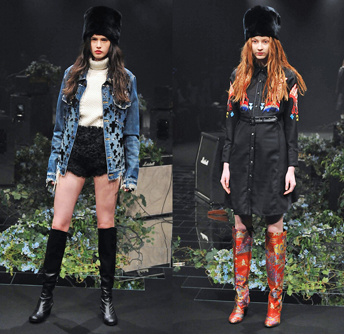 CHRISTIAN DADA by Masanori Morikawa 2015-2016 Fall Autumn Winter Womens Runway Catwalk Looks - Mercedes-Benz Fashion Week Tokyo Japan - Denim Jeans Hanging Sleeve Outerwear Coat Bomber Jacket Furry Shawl Scarf Shorts Turtleneck Embroidery Cross Crucifix Adornments Warbonnet Headdress Shirtdress Skirt Blouse Dragon Leopard Half Skirt Ushanka Moto Biker Ruffles Sheer Chiffon Flowers Florals Landscape Accordion Pleats