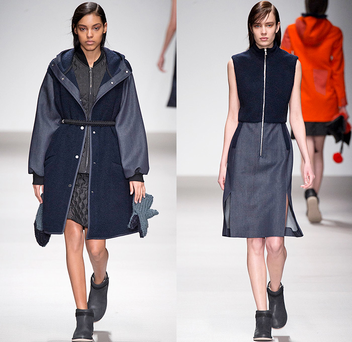 Christopher Raeburn 2015-2016 Fall Autumn Winter Womens Runway Catwalk Looks - London Fashion Week British Fashion Council UK United Kingdom - Japanese Denim Jeans Outerwear Cape Poncho Cloak Coat Parka Anorak Waffle Puffer Quilted Sharks Water Bubbles Danish Military Blanket Skirt Frock Furry Banded Strap Chunky Knit Bouclé Weave Toggle Hoodie Fringes Half Skirt Onesie Jumpsuit Boiler Suit Coveralls Bib Brace Bomber