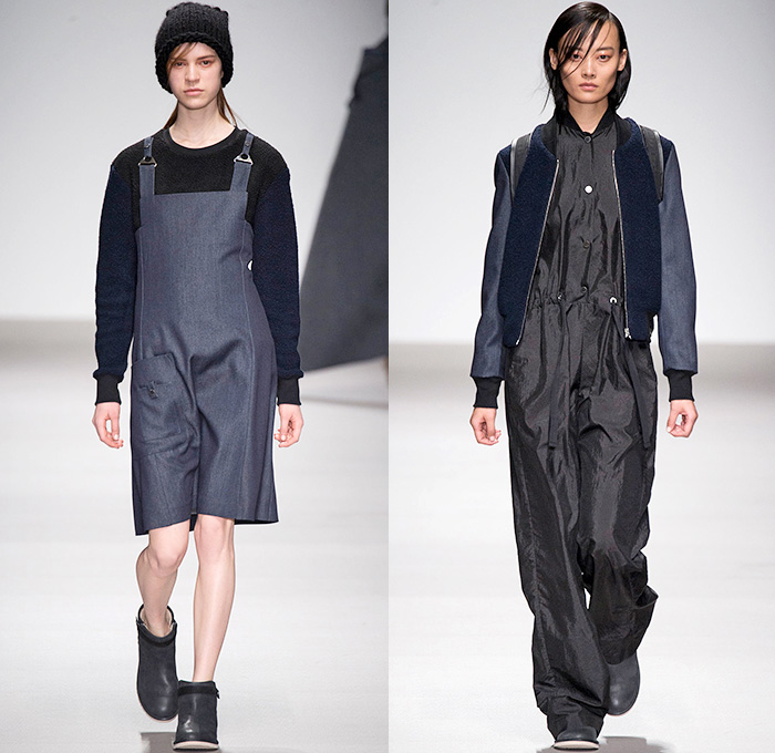 Christopher Raeburn 2015-2016 Fall Autumn Winter Womens Runway Catwalk Looks - London Fashion Week British Fashion Council UK United Kingdom - Japanese Denim Jeans Outerwear Cape Poncho Cloak Coat Parka Anorak Waffle Puffer Quilted Sharks Water Bubbles Danish Military Blanket Skirt Frock Furry Banded Strap Chunky Knit Bouclé Weave Toggle Hoodie Fringes Half Skirt Onesie Jumpsuit Boiler Suit Coveralls Bib Brace Bomber
