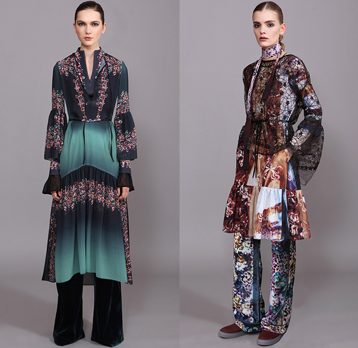 Clover Canyon 2015-2016 Fall Autumn Winter Womens Lookbook Presentation - Bohemian Boho Chic Art Nouveau Ruffles Velvet Stripes Lace Sheer Chiffon Wide Leg Palazzo Pants Onesie Jumpsuit Coveralls Bib Brace Silk Ornamental Print Decorative Art Flare Blouse Tunic Long Sleeve High Waist Scarf Flowers Florals Fauna Leaves Foliage Bell Sleeves Peasant Dress Coat Skirt Frock Knit Sweater Tiered