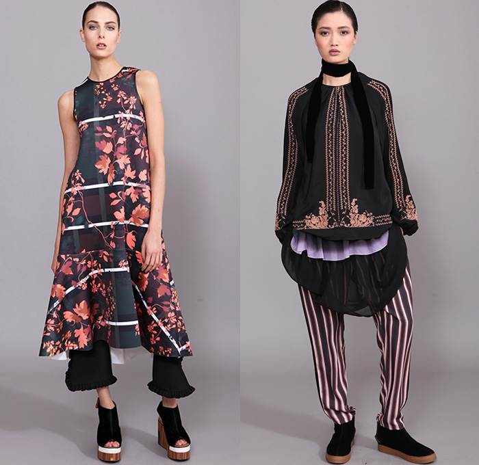 Clover Canyon 2015-2016 Fall Autumn Winter Womens Lookbook Presentation - Bohemian Boho Chic Art Nouveau Ruffles Velvet Stripes Lace Sheer Chiffon Wide Leg Palazzo Pants Onesie Jumpsuit Coveralls Bib Brace Silk Ornamental Print Decorative Art Flare Blouse Tunic Long Sleeve High Waist Scarf Flowers Florals Fauna Leaves Foliage Bell Sleeves Peasant Dress Coat Skirt Frock Knit Sweater Tiered