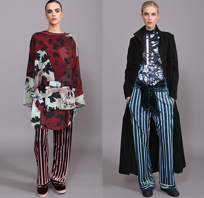Clover Canyon 2015-2016 Fall Autumn Winter Womens Lookbook Presentation - Bohemian Boho Chic Art Nouveau Ruffles Velvet Stripes Lace Sheer Chiffon Wide Leg Palazzo Pants Onesie Jumpsuit Coveralls Bib Brace Silk Ornamental Print Decorative Art Flare Blouse Tunic Long Sleeve High Waist Scarf Flowers Florals Fauna Leaves Foliage Bell Sleeves Peasant Dress Coat Skirt Frock Knit Sweater Tiered