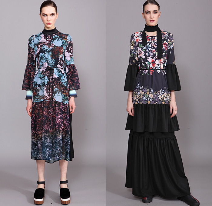 Clover Canyon 2015-2016 Fall Autumn Winter Womens Lookbook Presentation - Bohemian Boho Chic Art Nouveau Ruffles Velvet Stripes Lace Sheer Chiffon Wide Leg Palazzo Pants Onesie Jumpsuit Coveralls Bib Brace Silk Ornamental Print Decorative Art Flare Blouse Tunic Long Sleeve High Waist Scarf Flowers Florals Fauna Leaves Foliage Bell Sleeves Peasant Dress Coat Skirt Frock Knit Sweater Tiered