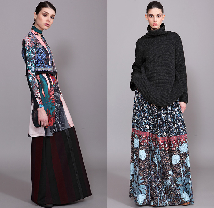 Clover Canyon 2015-2016 Fall Autumn Winter Womens Lookbook Presentation - Bohemian Boho Chic Art Nouveau Ruffles Velvet Stripes Lace Sheer Chiffon Wide Leg Palazzo Pants Onesie Jumpsuit Coveralls Bib Brace Silk Ornamental Print Decorative Art Flare Blouse Tunic Long Sleeve High Waist Scarf Flowers Florals Fauna Leaves Foliage Bell Sleeves Peasant Dress Coat Skirt Frock Knit Sweater Tiered