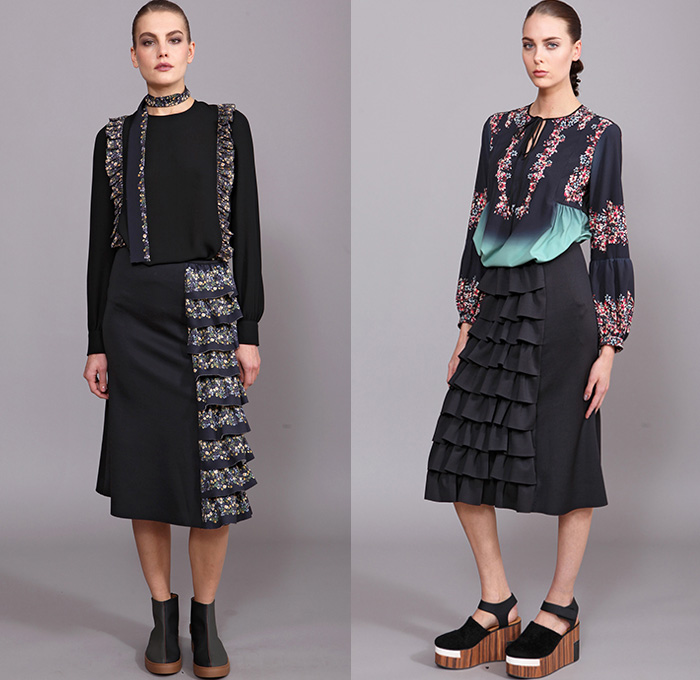 Clover Canyon 2015-2016 Fall Autumn Winter Womens Lookbook Presentation - Bohemian Boho Chic Art Nouveau Ruffles Velvet Stripes Lace Sheer Chiffon Wide Leg Palazzo Pants Onesie Jumpsuit Coveralls Bib Brace Silk Ornamental Print Decorative Art Flare Blouse Tunic Long Sleeve High Waist Scarf Flowers Florals Fauna Leaves Foliage Bell Sleeves Peasant Dress Coat Skirt Frock Knit Sweater Tiered
