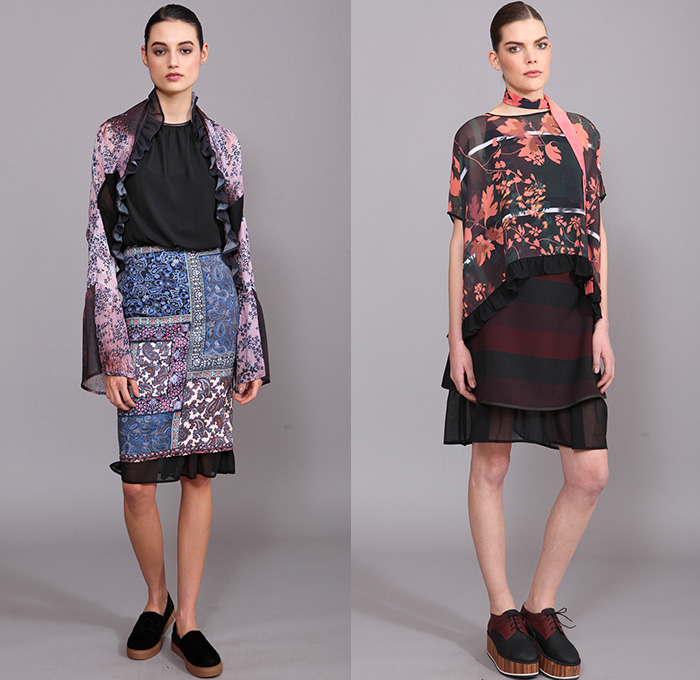 Clover Canyon 2015-2016 Fall Autumn Winter Womens Lookbook Presentation - Bohemian Boho Chic Art Nouveau Ruffles Velvet Stripes Lace Sheer Chiffon Wide Leg Palazzo Pants Onesie Jumpsuit Coveralls Bib Brace Silk Ornamental Print Decorative Art Flare Blouse Tunic Long Sleeve High Waist Scarf Flowers Florals Fauna Leaves Foliage Bell Sleeves Peasant Dress Coat Skirt Frock Knit Sweater Tiered
